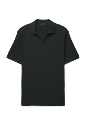 Polo à manches courtes noir avec une texture côtelée, col ouvert et coupe décontractée. Design simple, sans motifs ni éléments visibles.
