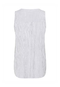Top senza maniche bianco con strisce verticali grigie, caratterizzato da un dettaglio plissettato sul retro e un orlo arrotondato. Tessuto leggero.