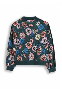 Ciemnozielona kurtka bombka z prążkowanym kołnierzem i mankietami, pokryta wzorem dużych różowych, niebieskich, koralowych i kremowych kwiatów z liśćmi na plecach i rękawach.