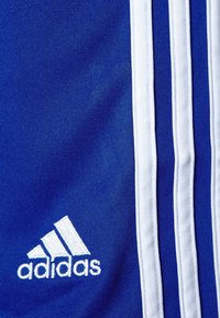 Modrý sportovní dres vyrobený z tkaniny obsahuje tři bílé pruhy po boku a bílou značku Adidas na spodní části.