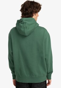 Felpa verde in cotone con cappuccio regolabile, vestibilità comoda, polsini e orlo a costine, senza loghi o decorazioni visibili.