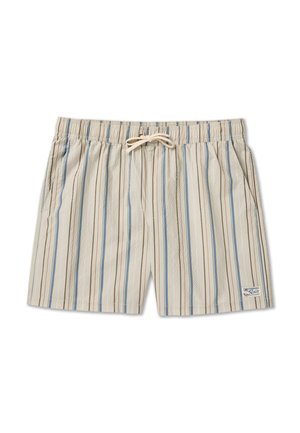 Jasnobeżowe spodenki kąpielowe z pionowymi paskami w kolorze niebieskim i brązowym, elastyczny pas z sznurkiem oraz dwie boczne kieszenie. Tkana faktura.