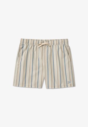 Pantaloncini da bagno beige chiaro con righe verticali blu e marroni, cintura elastica con coulisse e due tasche laterali. Tessuto intrecciato.