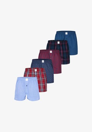 Set van zes mannenboxers in verschillende ontwerpen: effen lichtblauw, gestreept, geruit, met polkadots en ruitpatronen. Diverse kleuren aanwezig.
