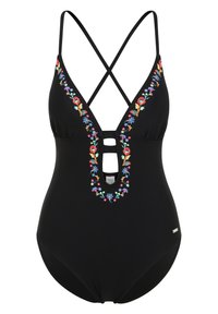 Maillot de bain une pièce noir avec un décolleté en V profond, orné de broderies florales colorées le long des bords et d'un détail découpé sous la poitrine.