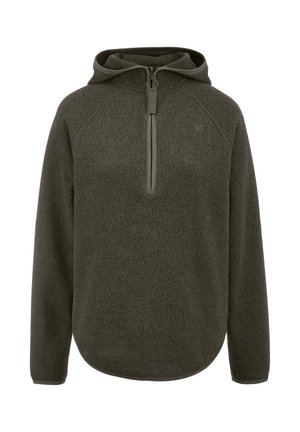 Sudadera con capucha tipo pulóver de forro polar en verde oliva oscuro, con mangas largas y cierre frontal de media cremallera.