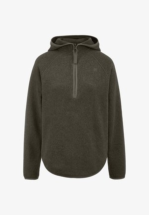Dark olive green fleece pullover hoodie with long sleeves and a front half-zip closure.