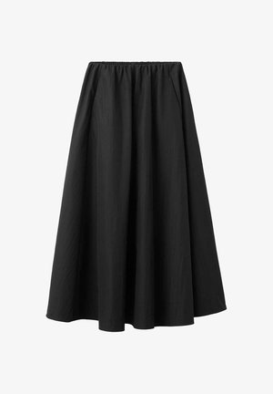 Black maxi skirt with an elastic waistband, featuring a flowing, A-line shape and smooth texture. No visible patterns or accents.