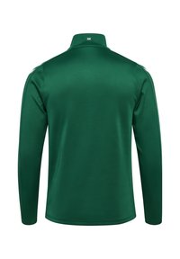 Ciemnozielona sportowa kurtka z długim rękawem i wysokim kołnierzem, białe logo na tylnej części kołnierza oraz jasne paski na górnej części rękawów.