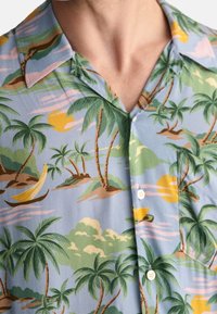 Límec a horní část hrudi košile s knoflíky, s tropickým potiskem palem, ostrovů, žlutého slunce a lodi na vodě.