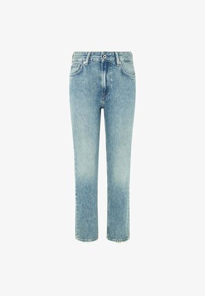 Jeans in denim azzurro chiaro con taglio dritto, cinque tasche e orlo sfilacciato. Presentano una vita standard e chiusura con zip.