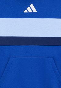 Felpa blu con una striscia orizzontale azzurro chiaro e dettagli in blu navy. Presenta una tasca frontale e un logo bianco sulla parte superiore sinistra.