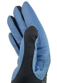 Guanto da lavoro in pelle blu con palmo e cuciture in tessuto nero. Presenta una superficie testurizzata e cinque dita, progettato per una presa sicura e durabilità.