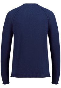 Pull en tricot bleu marine avec un col rond, des manches raglan longues et un ourlet côtelé. Tissu texturé avec un motif subtil et uniforme.