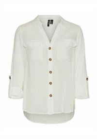 Camicia bianca con bottoni realizzata in un tessuto leggero, dotata di due tasche sul petto, maniche arrotolabili e dettagli in bottoni marroni.