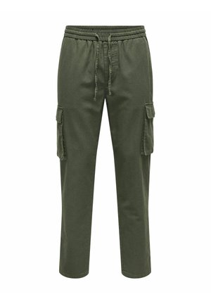 Green cargo pants with an elastic waistband, drawstring, and side pockets; made from a soft, textured fabric.