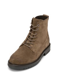 Brown suede ankle boot with round toe, lace-up front, and textured rubber sole. Features stitched detailing and a subtle heel.