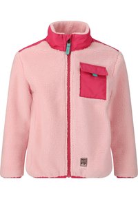 Fleece-takki vaaleanpunaisena, jossa on korkea kaulus, etuvetoketju ja rintatasku tummemassa pinkissä. Ominaisuuksiin kuuluu teksturoitu fleece-kangas ja kontrastivärit.