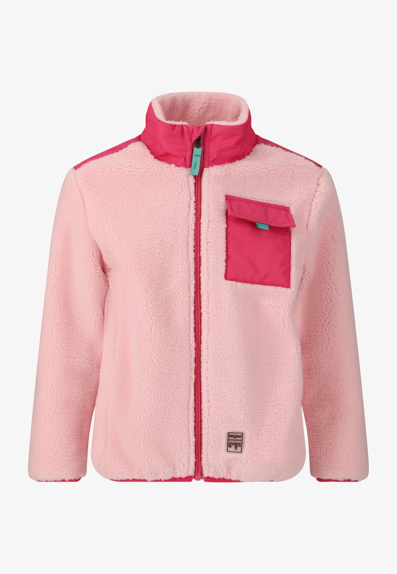 Veste en polaire rose clair avec col haut, fermeture éclair frontale et poche poitrine en rose plus foncé. Caractéristiques en tissu polaire texturé et accents contrastants.
