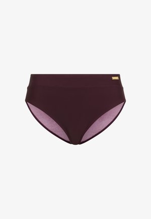 Bordo bikini gaćice s visokim strukom, glatke vanjštine i meke, svijetlo ljubičaste unutrašnjosti. Zlatni logo detalj sa strane.