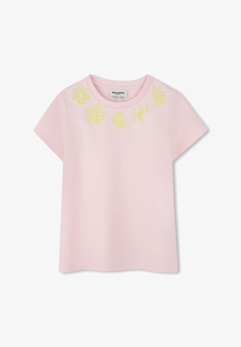 T-shirt en coton rose avec des manches courtes, un col rond et une broderie florale jaune sur le devant avec un accent de texte "Rykiel".