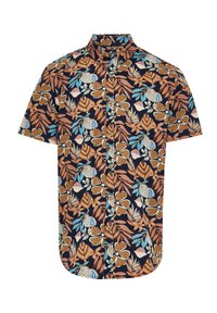 Korte mouwen overhemd met een marineblauwe achtergrond, versierd met levendige bloem- en bladmotieven in oranje, blauw en crèmekleuren.