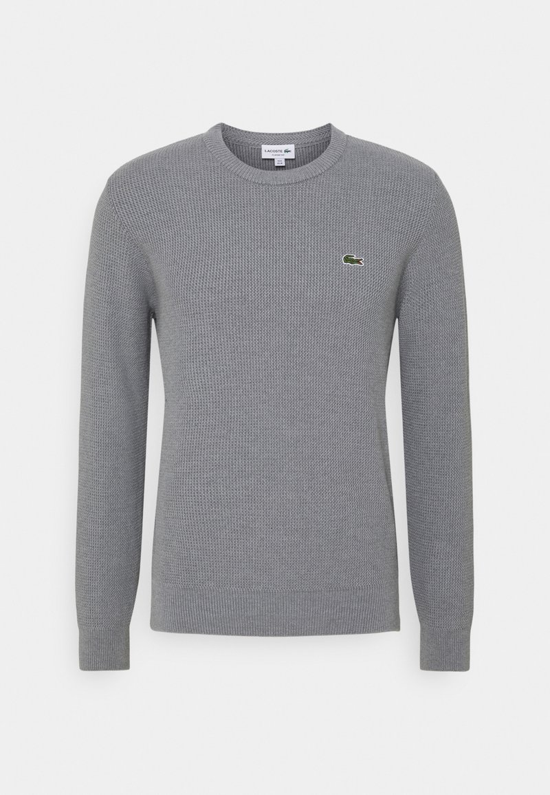 Maglione grigio a maniche lunghe con scollo rotondo, caratterizzato da una texture a coste e polsini e orlo a costine, con un piccolo logo di coccodrillo verde sul lato sinistro del petto.