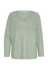 Maglione verde a coste, con scollatura a V, maniche lunghe e vestibilità ampia. Presenta una texture morbida e un motivo sottile su tutta la superficie.