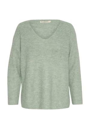Grüner gerippter Strickpullover mit V-Ausschnitt, langen Ärmeln und lockerer Passform. Verfügt über eine weiche Textur und ein dezentes Muster im gesamten Kleidungsstück.