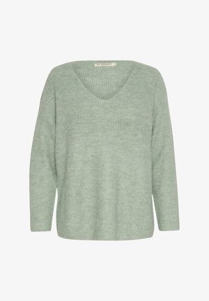 Maglione verde a coste, con scollatura a V, maniche lunghe e vestibilità ampia. Presenta una texture morbida e un motivo sottile su tutta la superficie.