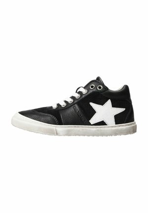Black high-top sneaker with white laces, white star on the side, and white rubber sole, shown from the outer side on a white background.