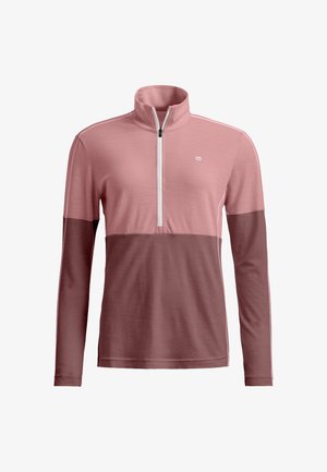 Long-sleeve, two-tone pink men's pullover with high collar and white zipper halfway down front.