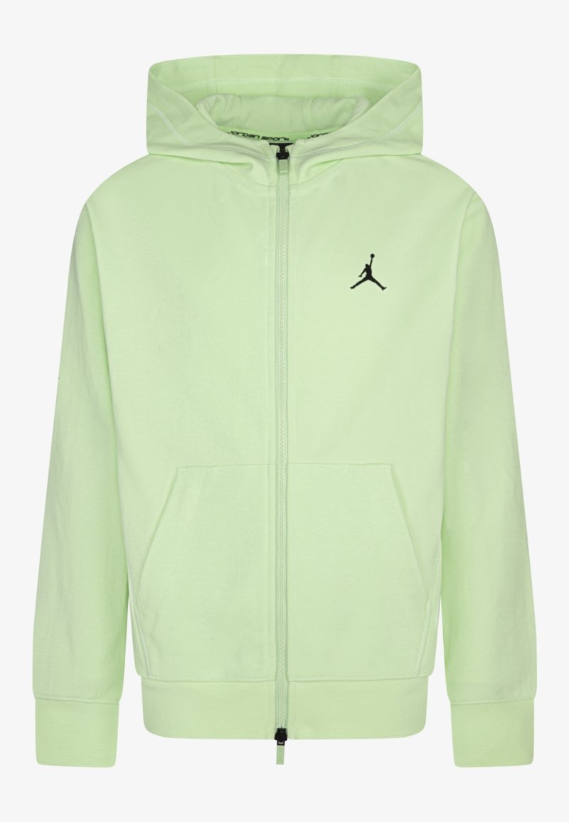 Sweat à capuche zippé vert clair avec poches avant, une capuche et un petit logo Jumpman noir sur la poitrine gauche.
