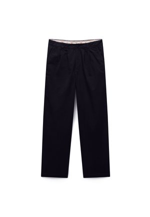 Black straight-leg trousers with front pleats, belt loops, side pockets, and a button closure on white background.