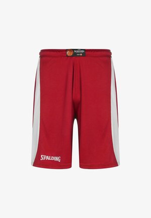 Pantaloni da basket rossi realizzati in tessuto traspirante, con stripe bianche sui lati e il logo Spalding sulla gamba sinistra in basso. Taglia M.