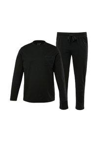 Chemise noire à manches longues avec une poche poitrine et un pantalon de jogger assorti. Les deux sont fabriqués dans un tissu doux avec une ceinture élastique sur le pantalon.