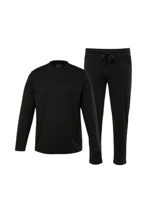 Schwarzes Langarmshirt mit einer Brusttasche und passenden Jogginghosen. Beide aus weichem Stoff gefertigt, mit einem elastischen Bund an den Hosen.