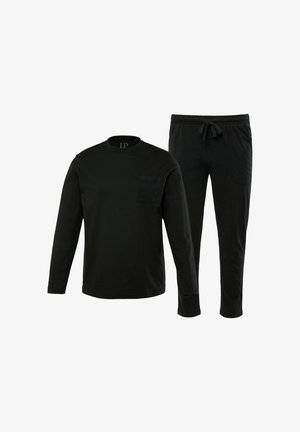 Schwarzes Langarmshirt mit einer Brusttasche und passenden Jogginghosen. Beide aus weichem Stoff gefertigt, mit einem elastischen Bund an den Hosen.