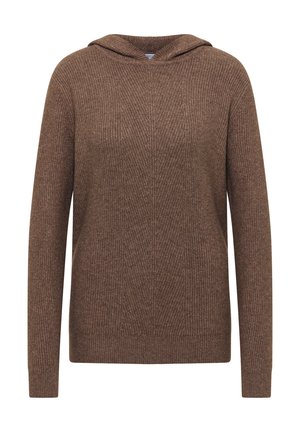 Hnědý svetřík s kapucí a texturovaným pleteným vzorem. Dlouhé rukávy a rovný střih. Žebrované manžety a lem přidávají detail.