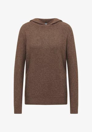 Sudadera con capucha marrón con un patrón de punto texturizado. Mangas largas y corte recto. Puños y dobladillo acanalados que añaden detalle.