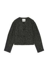 Schwarz-weißer Tweed-Blazer mit Rundhalsausschnitt, langen Ärmeln und sechs Knöpfen vorne. Kurzes, cropped Design mit strukturiertem Stoff.