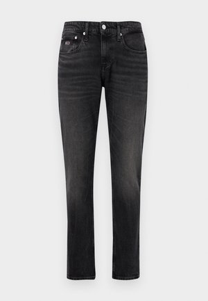 Jeans negri din denim cu un finisaj decolorat, croială dreaptă, cinci buzunare, închidere cu nasture și detalii de coasere contrastante.