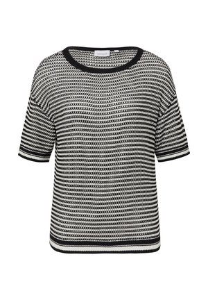 Czarny i biały dzianinowy t-shirt z krótkimi rękawami, okrągłym dekoltem i paskowanym wzorem. Teksturowana tkanina z kontrastowymi wykończeniami w jednolitym kolorze.