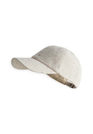 Beige cap with a curved brim, made of textured fabric featuring small black speckles, with an adjustable snapback closure at the rear.