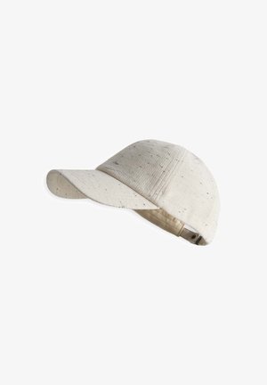 Beige Kappe mit gebogenem Schirm, aus strukturiertem Stoff mit kleinen schwarzen Sprenkeln, mit einem verstellbaren Snapback-Verschluss auf der Rückseite.