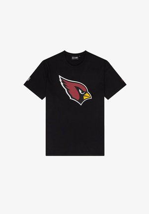 Black cotton t-shirt featuring a large red and yellow Arizona Cardinals logo on the chest. Crew neck and short sleeves.