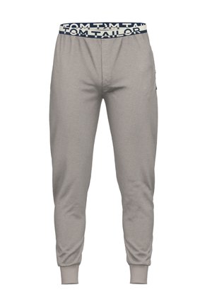 Joggery grigi chiaro realizzati in un tessuto morbido, con una vita elasticizzata in navy su cui è stampato il testo "TOM TAILOR", polsini a coste e una texture liscia.