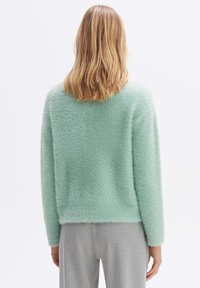 Pull vert menthe duveteux avec une coupe décontractée et des manches longues, présentant un col rond et une texture douce, associé à un pantalon gris.