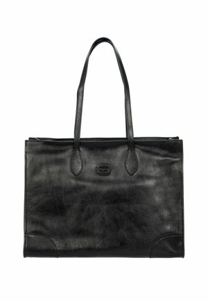 Borsa tote in pelle nera con due manici lunghi, texture liscia e dettaglio del marchio discreto sulla parte anteriore. Forma rettangolare con bordi arrotondati.
