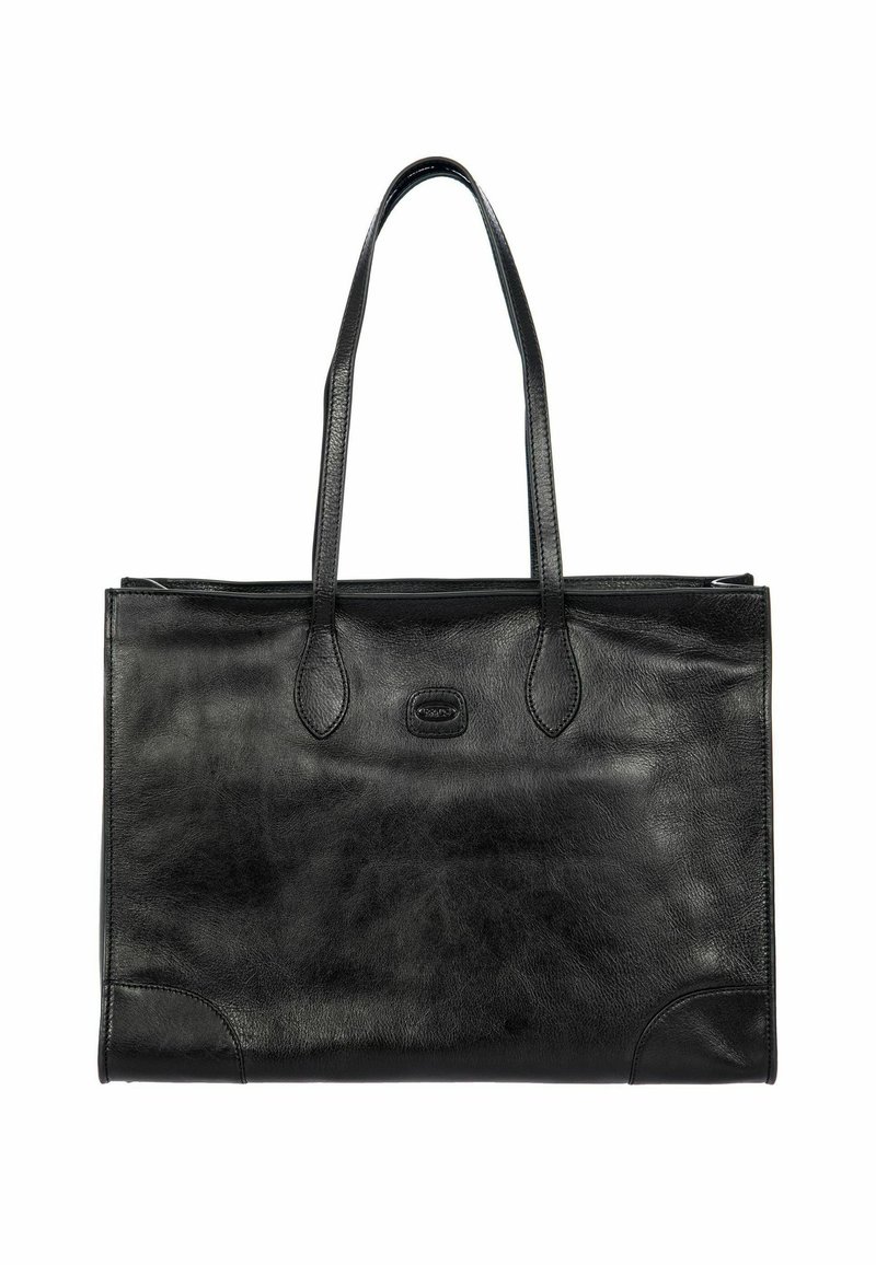 Zwarte leren totebag met twee lange handvatten, een gladde textuur en een subtiele merkdetail op de voorkant. Rechthoekige vorm met afgeronde hoeken.